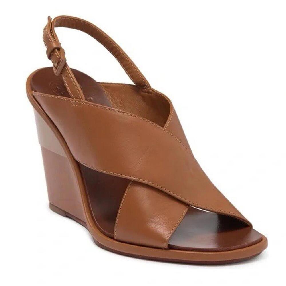 Tory Burch Tan Leather Criss Cross Gabrielle Wedge Sandals Size 9.5